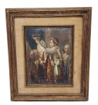 NAPOLEÃO BONAPARTE - ANTIGO QUADRO REPRODUÇÃO GRÁFICA ARTÍSTICA "GICLÉE" DA OBRA DE JACQUES L. DAVID " A COROAÇÃO DE NAPOLEÃO " NA CATEDRAL DE NOTRE DAME DE PARIS EM  1804. EMOLDURADO. RESQUÍCIOS DO SELO DA LES ÉDITIIONS BRAUN - LOUVRE - PARIS. MEDINDO A MOLDURA 42 X 36.5 CM
