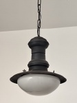 Antigo lustre importado Estilo Rio/São Paulo - em latão e cúpula em vidro leitoso - 37x30 cm - necessitando limpeza e mínimos desgastes do tempo e do uso - indicado revisão na fiação.