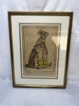 Antiga gravura francesa colorida à mão intitulada "L'aimable Constance", baseada em obra de Watteau fils e gravada por Dupin, retratando dama da corte com cão de estimação, apresentando marcas do tempo que conferem autenticidade, emoldurada com paspartu decorado e moldura dourada. Medindo a moldura 43cm x 33cm.