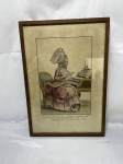 Antiga gravura francesa colorida à mão intitulada "Jeune demoiselle etudiant la musique", desenhada por Le Clerc e gravada por Pelicier, retratando jovem ao cravo com traje de época, apresentando oxidação natural do papel (foxing) que atesta sua antiguidade, emoldurada em madeira natural com vidro. Medindo a moldura 38cm x 26cm.