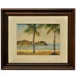 LAIS RUBIÃO  Praia do Guarujá. Óleo s/ tela. Ass. e datado 1996,  cie. 18 x 24 cm (MI). 33 x 40 cm (ME). A pintura retrata uma paisagem litorânea clássica com dois coqueiros em primeiro plano na faixa de areia, com vista para o mar azul e formações rochosas ou ilhas ao fundo.