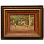 C PAGANO  Paisagem Rural com Figuras próximas a uma Construção, Óleo s/ tela. Ass. cid. 20 x 30 cm (MI). 42 x 52 cm (ME).