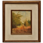 PAIVA  Paisagem com Crianças. Óleo s/ eucatex. Ass. e datado 79, cid. 21 x 18 cm (MI). 40 x 36 cm (ME). Aobra apresenta uma cena rural com uma estrada de terra ladeada por árvores e vegetação.