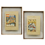 Pendant de gravuras em miniatura indianas. Apresenta cenas tradicionais ricas em detalhes detalhados. Possível reproduções de fólios do Shahnama (Livro dos Reis) de Shah Tahmasp. Obra da esquerda A Parábola do Navio do Xiismo  Fólio (18v). 31 x 22 cm (MI). 47 x 34 cm (ME).