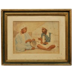 HALIL  Músicos Árabes. Aquarela representando cenas em estilo orientalista. 23 x 33 cm (MI). 40 x 50 cm (ME). A cena mostra dois homens com vestimentas tradicionais, um deles tocando um instrumento de percussão semelhante a um bendir.