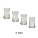 Conjunto de 16 copos para servir chá turco tradicional (Chá Pasabahçe Elysia). Famoso por seu design clássico em formato de tulipa com detalhes lapidados na base e linhas verticais pelo corpo. Feito em vidro resistente de alta qualidade, fundo grosso para estabilidade e formato ergonômico. 6 cm.