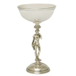 CHRISTOFLE, Franca. Séc. XX - Taça Bacchus em metal francês, espessurado a prata. O pedestal central apresenta uma escultura detalhada representando Baco (Dionísio), o deus romano do vinho, do teatro e da festividade. A figura aparece segurando cachos de uvas, servindo como a sustentação para a bacia superior. Marca da manufatura no verso. 24 x 14 cm.