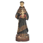 Imagem de Santo Antônio de Pádua de madeira policromada e dourada com santo vestindo hábito franciscano tradicional. 24 x 9 x 6 cm.