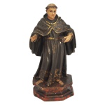 Imagem representando Santo Antônio em madeira policromada com acabamento dourado. 16 x 13 x 8 cm.