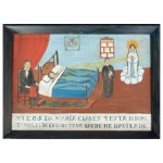 EX VOTO. Óleo s/ madeira. 23 x 32 cm. Curiosidade: O brasão que aparece lembra do brasão do Conde de São Clemente e a mulher do Conde se chamava Maria Chaves.