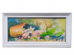 ASSINATURA DESCONHECIDA, "Natureza Morta", óleo sobre tela, moldura em madeira com patina branca, apresentando desgastes na patina, medindo 72x136cm.