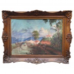 <b>J. CARVALHO (?)</B>, "Paisagem", óleo sobre tela, apresentando rasgo, moldura em madeira com decoração vegetalista e patina dourada com desgastes, moldura medindo 69,5x89,5cm e tela 48x68cm.