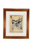 ASS. DESCONHECIDA, "Paisagem Urbana", pintura sobre papel datada de 1961, apresenta marcas do tempo, acondicionada em moldura em madeira com frente protegida em vidro, medindo 48,5x54,5cm e obra 29x23cm.