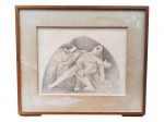 Jacques Kalbourian (é um renomado artista plástico brasileiro, conhecido por sua trajetória iniciada na década de 1970), "Sem Título", PSP. datada de 1979, moldura em madeira com paspatur apresentando marcas do tempo, ambos lados envidraçados, verso com reprodução representando Nossa Senhora, com quebra na ponta, moldura medindo 50x57,5cm e obra 30x39cm.