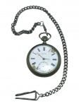 RELÓGIO, um (1) relógio de bolso antigo da marca Zenith, em metal espessurado a prata, com mostrador branco, numeração romana, ponteiros metálicos e marcador auxiliar de segundos. Caixa com mecanismo aparente a corda e tampa interna com marcação Zenith. Acompanha chatelaine em metal. Ausência do ponteiro dos segundos, bicado no mostrador e falhas na prateação, não testado e sem garantia de funcionamento, caixa medindo 5cm.