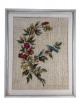 TAPEÇARIA, uma (1) tapeçaria floral, emoldurada em madeira com patina branca e filete dourado, medindo 64x52cm.