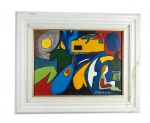 CARLOS SILVA (?), "Arte Abstrata", OSE, datado de 2019, verso com dedicatória, moldura em madeira com patina branca, medindo 45x56cm e tela 29,5x40cm.