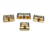 DIVERSOS, quatro (4) caixinhas porta joias confeccionadas em placas de osso com decoração em metal dourado de modelos e tamanhos distintos, todas necessitam troca da forração interna, maior medindo 5x14x7,5cm e menor 6x7,5x5,5cm. 1 faltando 1 placa de metal dourado.
