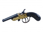 MILITARIA, uma (1) antiga garrucha de dois canos, dita dois tiros e uma carreira, marca ROSSI, calibre 22, Made in Brasil, coronha com apliques em polímero, medindo 17 cm comprimento, sinais de uso, inutilizada para disparo, apresenta sinais de oxidação, somente para coleção; Observação este item não pode ser enviado via Correios. Peça obsoleta e desativada.