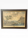 QUADRO, uma (1) gravura colorida de cena militar, com inscrição em francês QUARTIER GENERAL e referência ao ARMÉE HOLANDOISE (conforme legenda), em papel, protegido por vidro e acondicionado em moldura de madeira com filete interno dourado, apresenta ondulações e marcas do tempo no papel, medindo 57x77,5cm.