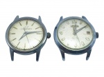 RELÓGIOS, dois (2) relógios de pulso sem pulseiras, sendo: A) 1 da marca Eterna-Matic, automático, com caixa em aço prateado, mostrador claro e marcadores de horas aplicados e B) 1 da marca Superatic, automático, com caixa em aço prateado, mostrador claro, marcadores aplicados, calendário de data e inscrição Ruby-Shock, ambos medem 3cm de diâmetro, não testados e sem garantia de funcionamento.