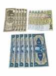 CÉDULAS, dezesseis (16) cédulas brasileiras, sendo: A) cinco (5) cédulas de 1 Mil-Réis, da República dos Estados Unidos do Brasil; B) cinco (5) cédulas de 1.000 Cruzeiros, do Banco Central do Brasil; C) seis (6) cédulas de 2 Cruzeiros, da República dos Estados Unidos do Brasil. Peças antigas e circuladas, apresentando marcas de manuseio.