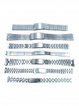 RELÓGIOS, sete (7) pulseiras avulsas para relógios de pulso, confeccionadas em aço prateado, em variados modelos, larguras e tipos de elos, algumas com fechos identificados por marcas como Casio, Seiko e Orient. Peças destinadas à reposição ou restauro, apresentando riscos, manchas, oxidação, desgastes, avarias e sinais do tempo. Vendidas no estado.