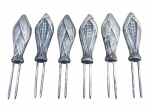 METAL PRATEADO, seis (6) espetos para milho confeccionados em metal espessurado a prata da manufatura EBERLE com cabo representando espiga de milho, medindo 8cm de comprimento.