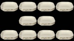 <b>NORITAKE & VARIG</b>, dez (10) manteigueiras confeccionados em porcelana esmaltada na tonalidade branca, formato oitavado, bordas decoradas por guirlanda de folhagens e filetes em prata, alguns apresentando pequenas falhas na prateação, medindo 9x9cm.