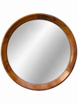ESPELHO DE DESIGN, um (1) espelho de parede redondo, moldura em madeira nobre, (proteção traseira em eucatex com sinais de cupim tratado), medindo 65cm de diâmetro.