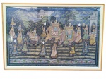 QUADRO, um (1) grande panot indiano com cena oriental representando figuras humanas em paisagem tropical, com vegetação, animais, rio e construções ao fundo, em tons suaves e composição decorativa, moldura em madeira clara e frente protegida em vidro, medindo 106x157,5cm.