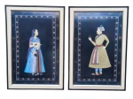 QUADROS, duas (2) pinturas sobre seda representando figuras orientais em policromia, moldura em madeira com patina preta, apresentando desgastes e frente protegida em vidro, medindo 92x63,5cm. Apresentam desgastes na pintura, vide foto.