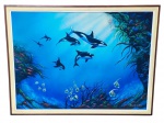 MARCELO CSETKEY, Baleias, óleo sobre eucatex, moldura em madeira escura com paspatur claro, medindo 100x132cm e obra 90x122cm.