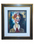 LILIA, Palhaço, óleo sobre tela, moldura em madeira com patina dourada e verde, pequena falha na pintura, vide foto, moldura medindo 91,5x82,5cm e tela medindo 55x42,5cm.