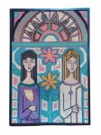 DUPIN, uma (1) tapeçaria emoldurada representando figuras femininas, moldura em madeira escura, medindo 52x36cm, pequena mancha, vide foto.