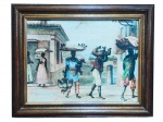 QUADRO, uma (1) reprodução representando cena africana, colado sobre eucatex, moldura em madeira com patina dourada, medindo 38,5x48,5cm.