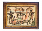 QUADRO, uma (1) reprodução representando cena africana, colado sobre eucatex, moldura em madeira com patina dourada, medindo 38,5x48,5cm.