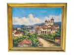 AYRES AUGUSTO, Paisagem c/ Igreja, óleo sobre tela, datado de 1973, apresentando falhas na tela vide foto, moldura em madeira com patina dourada, desgastes na patina, medindo 60,5x71cm e tela 48,5x59,5cm.