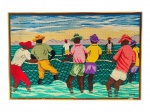 TAPEÇARIA, uma (1) tapeçaria assinada, porém, desconhecida, representando pescadores, apoiada sobre placa de eucatex e moldura em metal dourado, apresenta falhas na tapeçaria, vide foto, medindo 66,5x100cm. 
