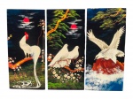 QUADROS, três (3) pinturas em eucatex, possivelmente orientais, medindo 52,5x24cm, sendo 1 com rachadura.