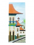 LOYOL, Casarios, óleo sobre eucatex, datado de 1990, apresentando leves falhas e pequenas manchas, medindo 50x20cm.