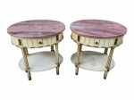 MOBILIÁRIO, par (2) de mesas de canto confeccionadas em madeira com patina branca. entalhada por flores com pintura dourada, tampo oval em marmore, possivelmente italiano, 1 gaveta com puxador em metal e estágio inferior, 1 com mancha, vide foto, medindo 51,5x52,5x42cm.