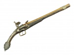 MILITARIA, uma (1) pistola de pederneira do tipo miquelet, possivelmento do Norte da África ou Balcãs, datada de aproximadamente 1800-1815, cabo em madeira ricamente entalhado, guarniões em PRATA DE LEI, ricamente cinzelados por elementos vegetalistas e geométricos, gatilho com espelho em marfim, cano com sinais de oxidação, porém, em excelente estado de conservação, OBSERVAÇÃO: PEÇA OBSOLETA, SOMENTE FUNÇÃO DECORATIVA e NÃO PODERÁ SER ENVIADA PELOS CORREIOS, medindo 50cm de comprimento.