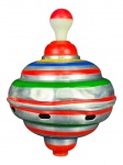 BRINQUEDO, um (1) pião/brinquedo antigo em metal, com pintura policromada em faixas nas cores vermelho, verde, azul, prateado e branco, haste superior em plástico vermelho e branco. Peça apresenta aberturas laterais, riscos, marcas, desgastes na pintura, pequenas amassaduras e sinais de uso compatíveis com o tempo, função decorativa, medindo 17cm.