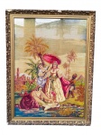 TAPEÇARIA, uma (1) tapeçaria emoldurada representando figura nobre feminina rodeada de criados, moldura em madeira com patina dourada e entalhes vegetalistas, apresentando quebra na moldura, vide foto, medindo 152x115cm.