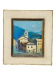 Alberto Capelotti (Alberto Capelotti Santos Almeida, 19432018), "Casarios", OSE., moldura em madeira com patina envelhecida apresentando ranhuras na moldura e leves falhas na pintura, moldura medindo 43x39cm e obra 27,5x24cm.