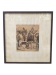 Aldo Bonadei (1906-1974), Paisagem Campestre, xilogravura, numerada nº3, moldura em madeira escura, proteção em vidro com sinais de fungos, medindo 44x41cm e obra 23x19cm.