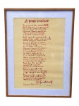 Rafael Alberti (Porto de Santa Maria, Cádis, 16 de dezembro de 1902 - Porto de Santa Maria, 28 de outubro de 1999), Al Popolo Brasiliano, poema em papel, no idioma italiano, assinada e datada 1977, traduzido por Ruggero Jacobbi, moldura em madeira, proteção em vidro com paspatur com fungos, medindo 85x66cm e obra 70x49cm.