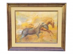 Bibiana Calderón (Buenos Aires, Argentina, 1949), Cavalos, tela colada sobre eucatex, datado de 1977, moldura em madeira com patina dourada, medindo 74x89cm e obra 52x66cm, pequena falha na pintura.