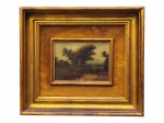 ASSINATURA DESCONHECIDA, Paisagem Campestre, óleo sobre eucatex, moldura em madeira com patina dourada apresentando leves falhas, obra com pequenos desgastes na pintura e marcas do tempo, medindo 31x35cm e obra 13x18cm.